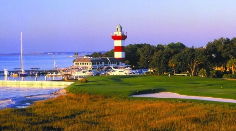 Harbour Town Lighthouse overlooking the 18th green at Harbour Town Golf Links on Hilton Head Island.
